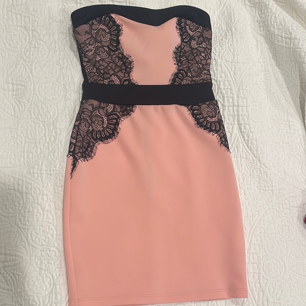 Strapless Pink and Black Lace Dress